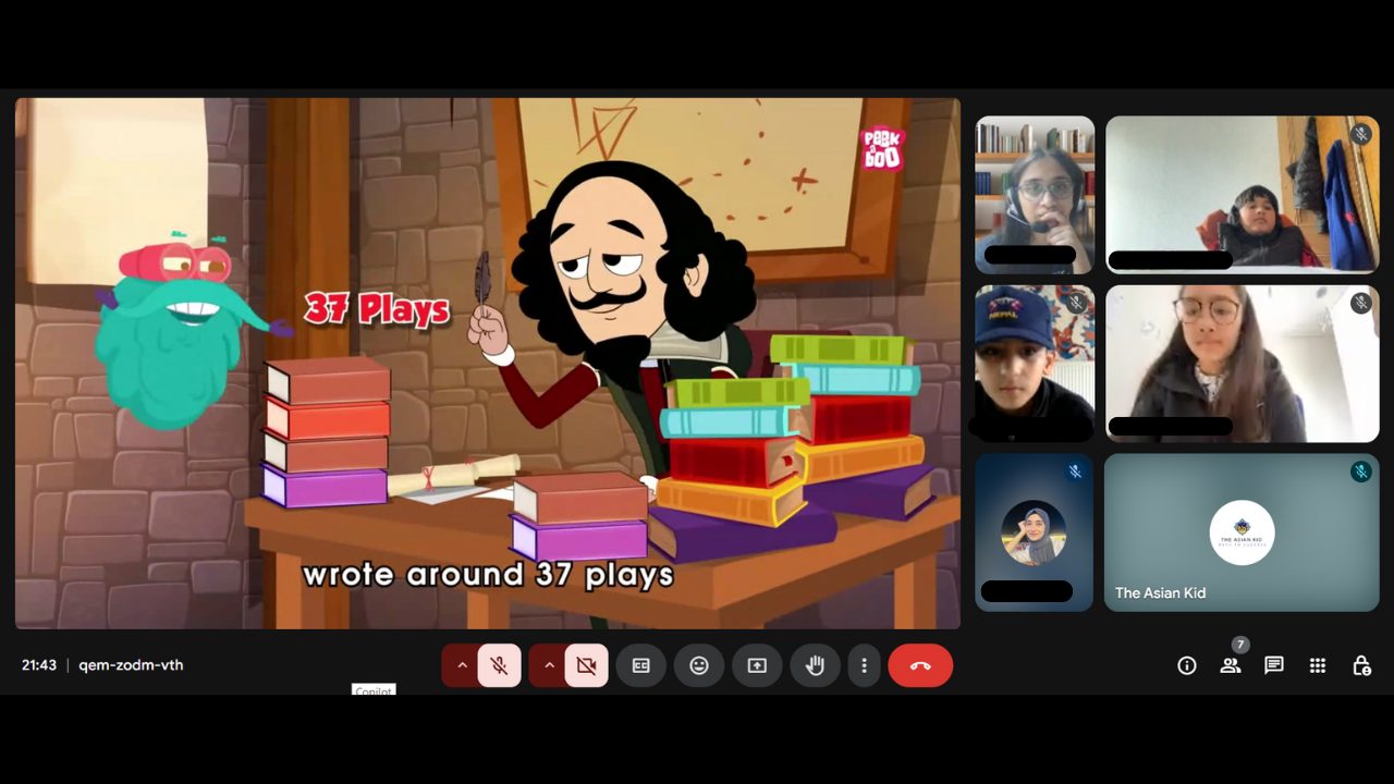 Live English class watching an animated lesson on Shakespeare